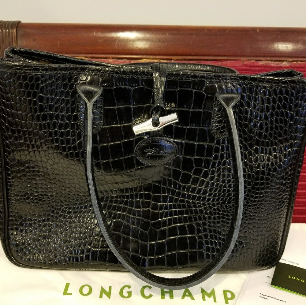 Longchamp Roseau Black Croc Embossed Tote Bag - Picture 2 of 6